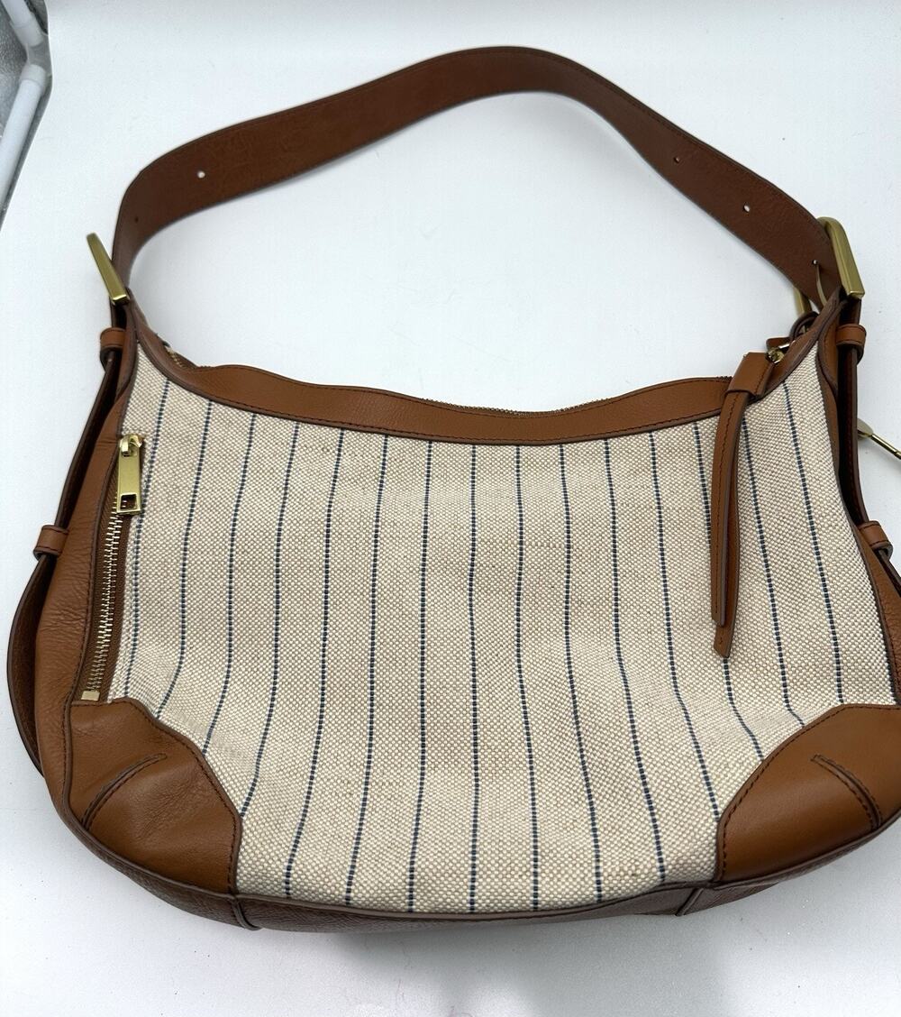 FOSSIL Tan W/ Blue Stripes HANNAH HOBO Canvas & Leather Shoulder Bag
